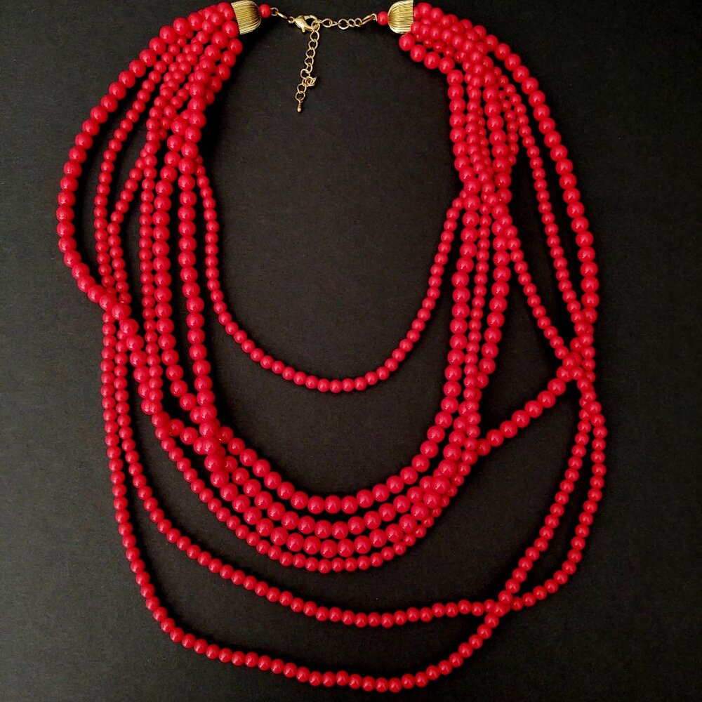 Long 7 strand layered red beaded necklace - Picture 5 of 10